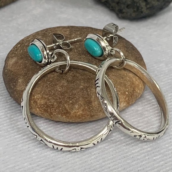 Etched Drop Hoop with Turquoise Gemstone Earrings - Picture 2 of 9